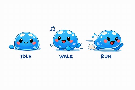 Ba động tác của slime: Idle, Walk, Run, phong cách vui nhộn