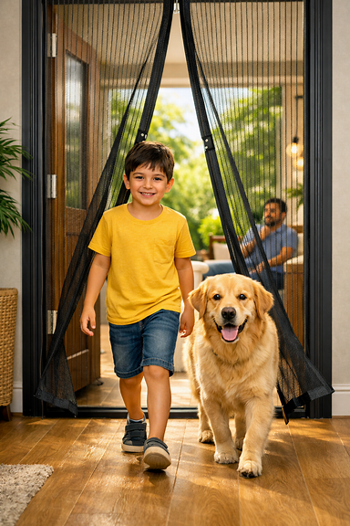 Child and golden retriever walking through magnetic mosquito net door in bright modern home, mesh panels open naturally, magnets snap shut behind, warm family atmosphere, clean contemporary interior, sunlight streaming in, realistic lifestyle photography, premium ecommerce product image, focus on hands-free convenience, child-safe and pet-friendly design, ultra-detailed mesh texture, visible magnetic closure, HDR 4K