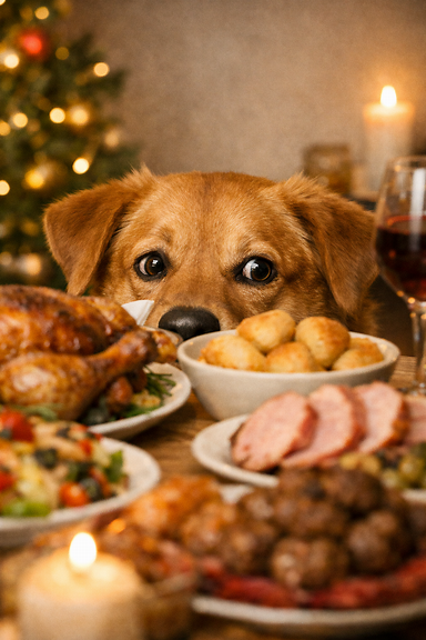Humoristische hond kijkt stiekem naar eten op tafel