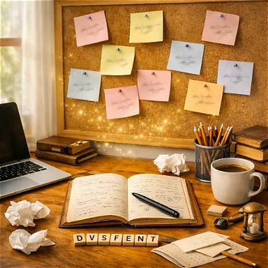 daylit creative writing desk with random unreadable post-it notes, no candle or glasses