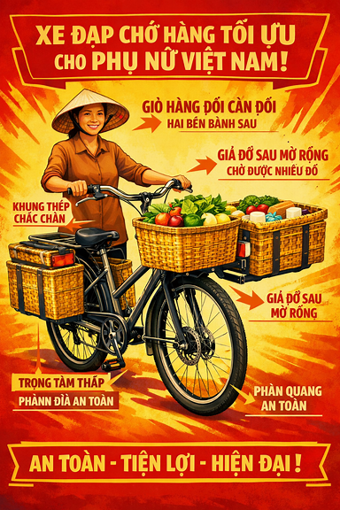 Tranh cổ động màu sắc, thiết kế xe đạp chở hàng tối ưu cho phụ nữ Việt Nam: giỏ hàng phía trước nhỏ gọn, hai giỏ lớn cân đối hai bên bánh sau, giá đỡ sau mở rộng, khung thép chắc chắn, trọng tâm thấp, phanh đĩa an toàn, đèn phản quang, phong cách poster đỏ-vàng mạnh mẽ, bố cục khoa học và đẹp mắt.