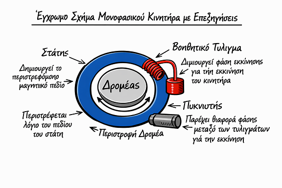 Έγχρωμο σχήμα μονοφασικού κινητήρα με μπλε στάτη, γκρι δρομέα, κόκκινο βοηθητικό τύλιγμα και πυκνωτή, με λοξές σημειώσεις και βελάκια που περιλαμβάνουν σύντομες επεξηγήσεις για κάθε μέρος, με τίτλο «Έγχρωμο Σχήμα Μονοφασικού Κινητήρα με Επεξηγήσεις».