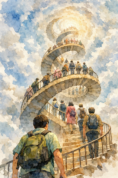 螺旋階段を登る人々の水彩画