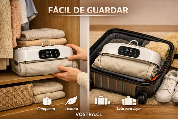 BreezeDry guardándose en closet y maleta, estilo limpio como referencia