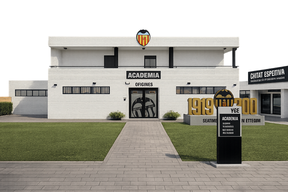 Recreación 3D frontal arquitectónica de la Ciudad Deportiva del Valencia CF, estilo realista, sin fondo, mostrando entrada principal, edificio de academia y elementos icónicos