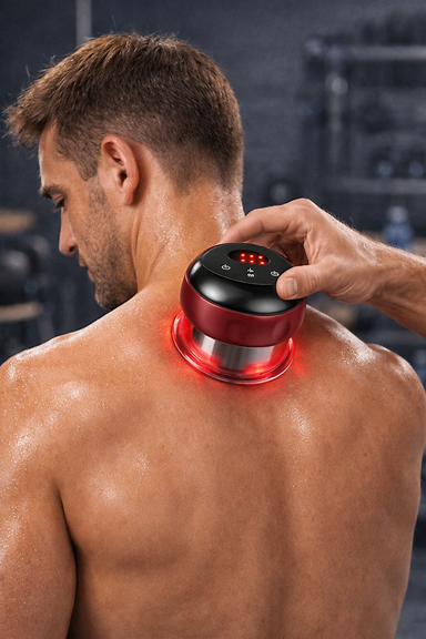 Athlete adjusting electric vacuum cup on bare shoulder in sports recovery environment, cup design matches uploaded image