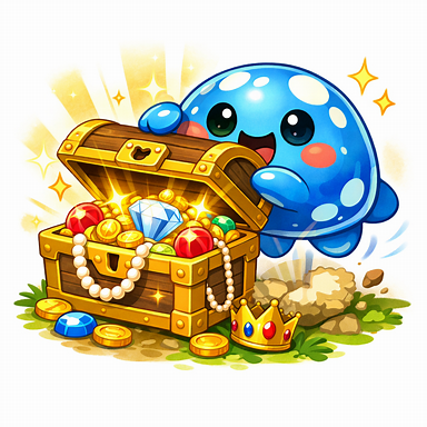 Slime xanh mở rương châu báu, phong cách vui nhộn