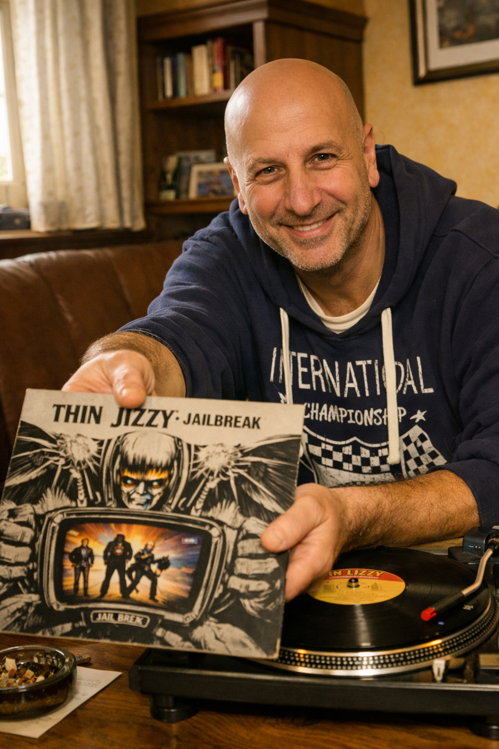 Zio Gigi ritratto in modo realistico, fedele alla foto originale, mentre sorride e porge un disco dei Thin Lizzy in un ambiente domestico caldo e naturale
