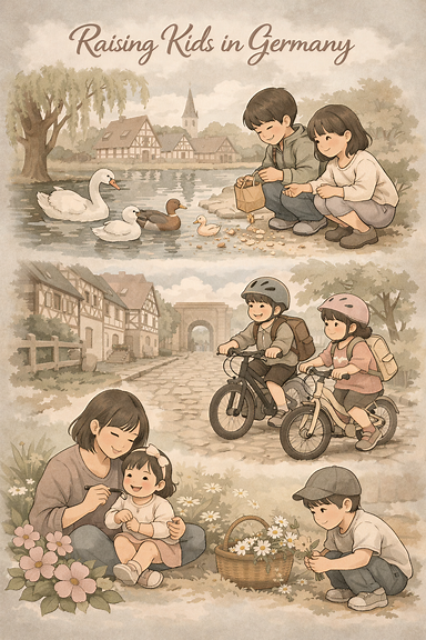vertical graphic of kids feeding ducks at a pond, cycling on cobblestone paths, and picking wildflowers in Germany, Morandi palette