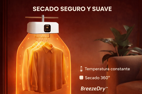 Gráfica resumen mejorada combinando ambas imágenes de secado por aire caliente: diseño limpio, moderno, tonos cálidos, enfoque en tecnología BreezeDry, composición clara tipo anuncio premium, sin texto largo, solo mensaje breve y visual impactante.