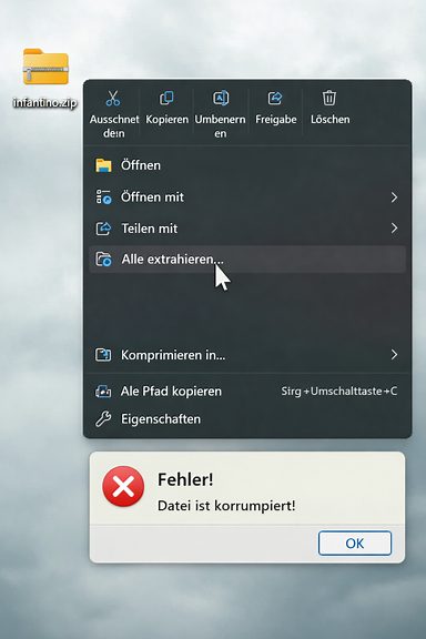 Mauszeiger bei Alle extrahieren und Fehlerdialog Fehler ! Datei ist korrumpiert !
