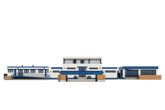 Estructura arquitectónica 3D de la Ciudad Deportiva del CD Leganés, vista frontal, estilo realista, sin fondo, solo edificios y entrada principal sin elementos adicionales