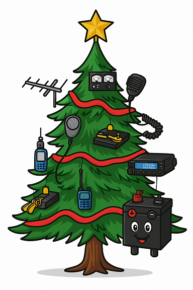 Cartoon image of a Christmas tree decorated with ham radio accessories as ornaments, including microphones, antennas, radios, and Morse code keys. Add visible terminals to the battery ornament hanging from the tree, showing two small metal posts labeled + and - on top of the battery.