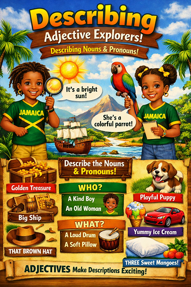 Descriptive Adjective Explorer poster with Jamaican students wearing Jamaica T-shirts describing nouns and pronouns, replace Teoashy Pupoy with Playful Puppy