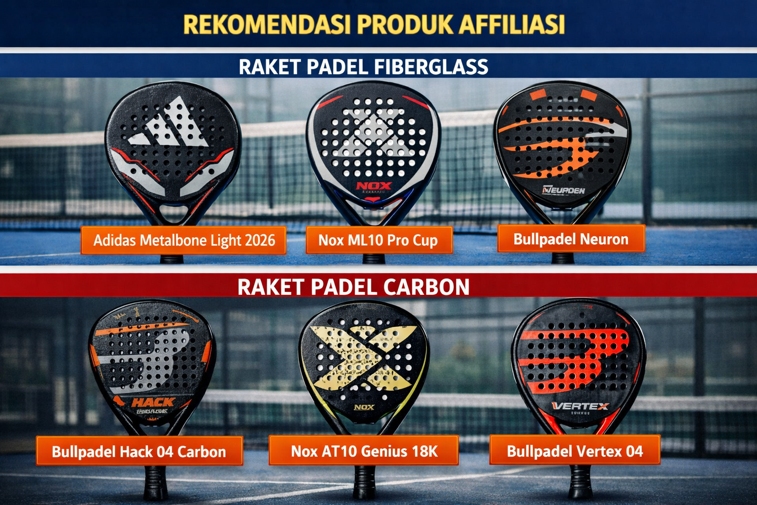 Rekomendasi raket padel Carbon - Bullpadel Hack 04, Nox AT10 Genius, Bullpadel Vertex 04