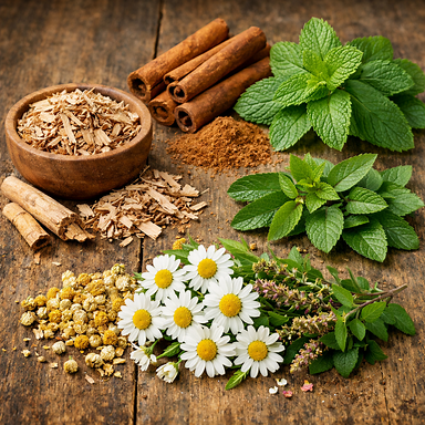 White Willow Bark, Cinnamon Stick, Mint, Tulsi, Chamomile ingredients
