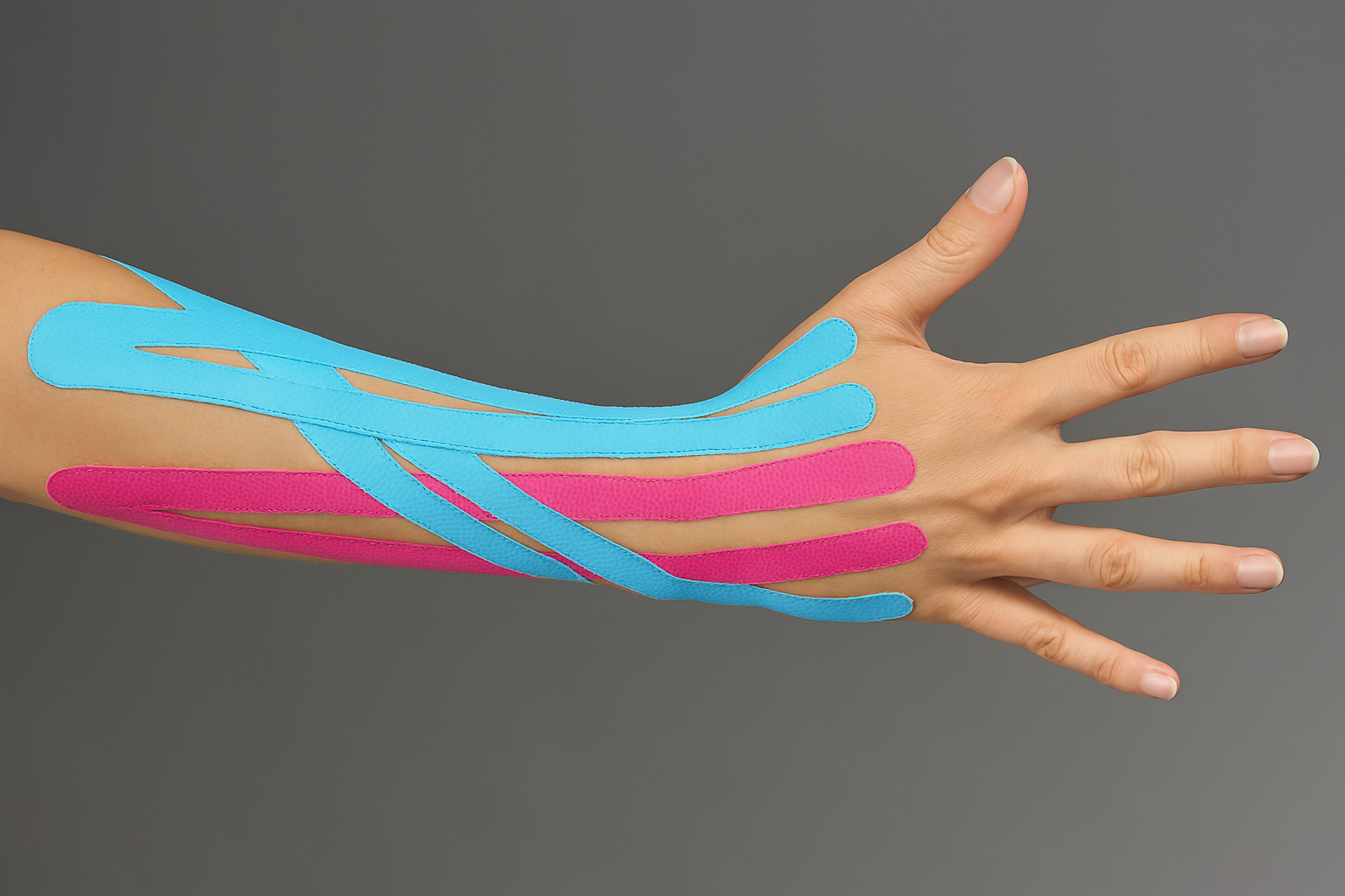 предплечье с наложенными синими и розовыми кинезиотейпами
