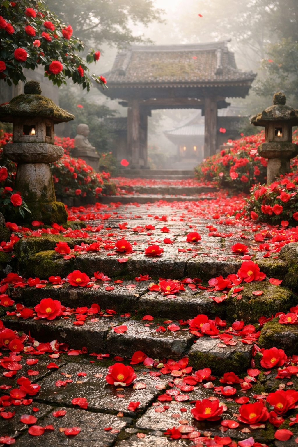 寺境内に散る椿の花