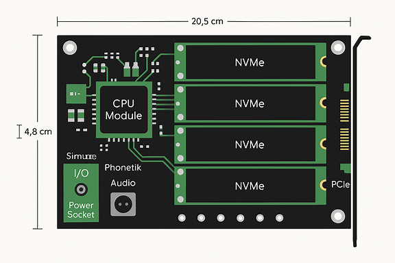 Zeichne eine Platine mit einem CPU-Modul, 2–4 NVMe-Slots, optionalem PCIe-Anschluss, separater Hauptplatine, Audioanschluss und simulierten Steckkontakten für Phonetikanschlüsse. Platinenmaße: ca. 14,8 x 4 cm, Gehäusebreite: ca. 20,5 cm.
