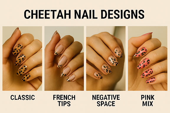 Create a realistic 16:9 image showcasing cheetah nail art designs for women in 2025. Include four mapped styles: classic cheetah print on nude base, metallic cheetah spots on matte black, pastel cheetah accents on pink base, and cheetah French tips with gold outline. Use well-manicured female hands with diverse skin tones and soft studio lighting against a neutral background. Each nail style should be labeled clearly below the hand: 'Classic', 'Metallic', 'Pastel', 'French Tips'.