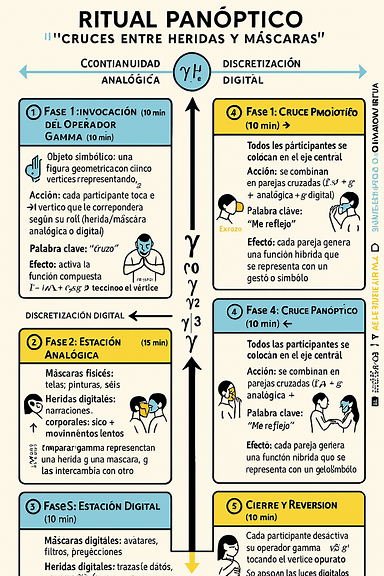 Mapa visual de los gestos rituales asociados a las matrices gamma. Incluye cuatro figuras humanas estilizadas en posiciones distintas: \n- Gamma^0: persona tocando el pecho con la palma abierta. \n- Gamma^1: persona con brazos extendidos hacia los lados. \n- Gamma^2: persona levantando las manos hacia arriba y dejándolas caer lentamente. \n- Gamma^3: persona dando un paso adelante y otro atrás. \nEn el centro, un quinto símbolo para Gamma^5: manos unidas cubriendo el rostro y luego abiertas hacia afuera. El diseño debe ser esquemático, simbólico y claro, con un estilo minimalista ritual.