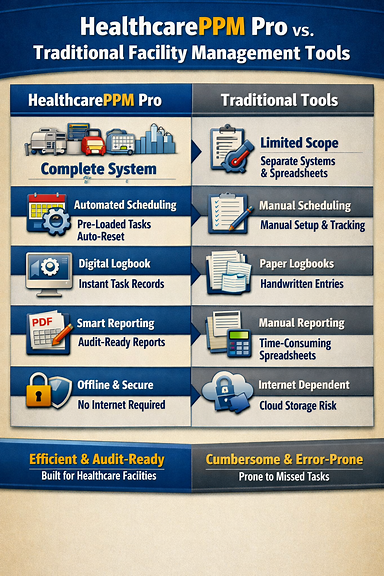 HealthcarePPM Pro vs Traditional Facility Management Tools Comparative Infographic