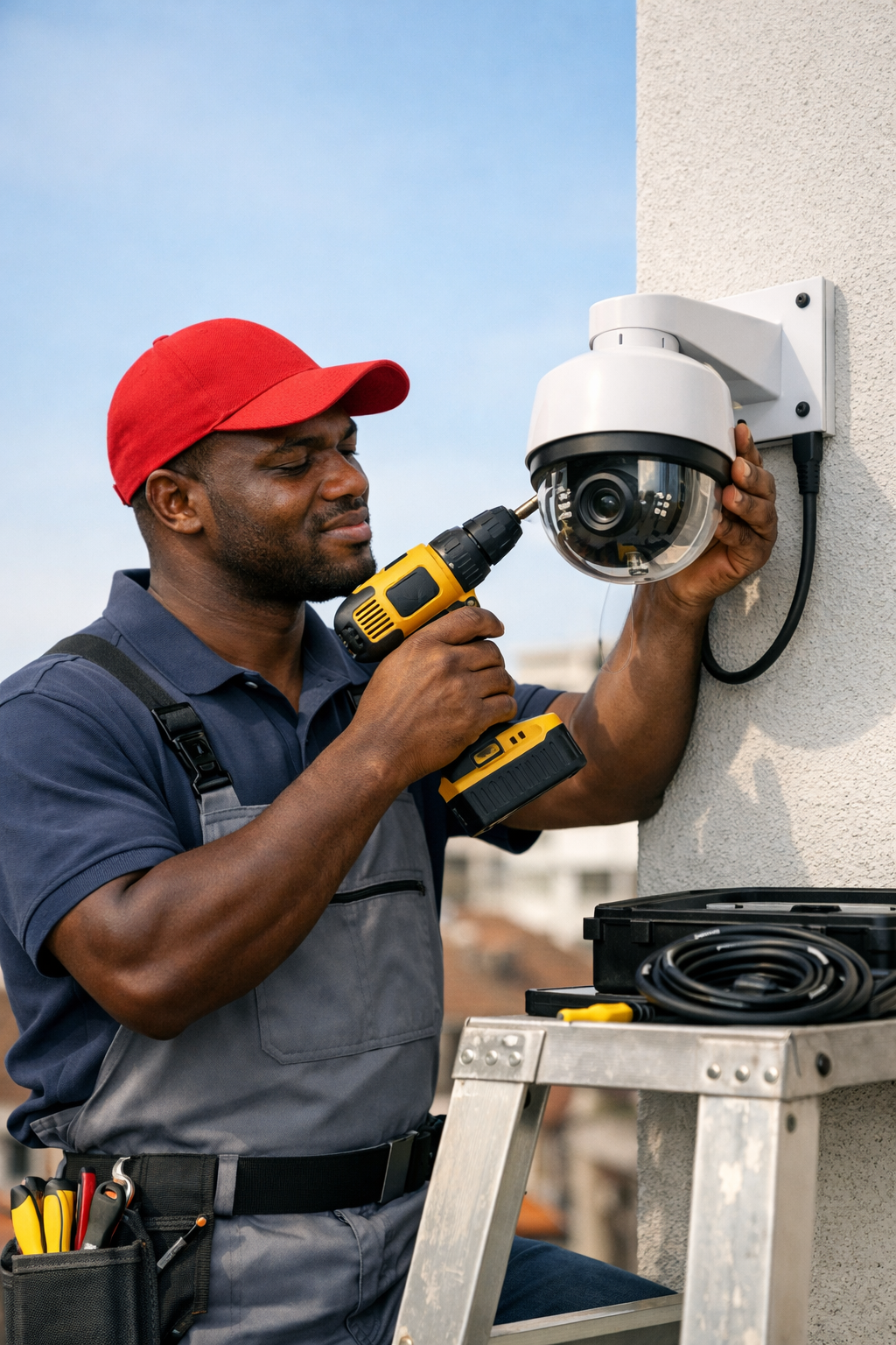 Ghanaian man installing CCTV camera
