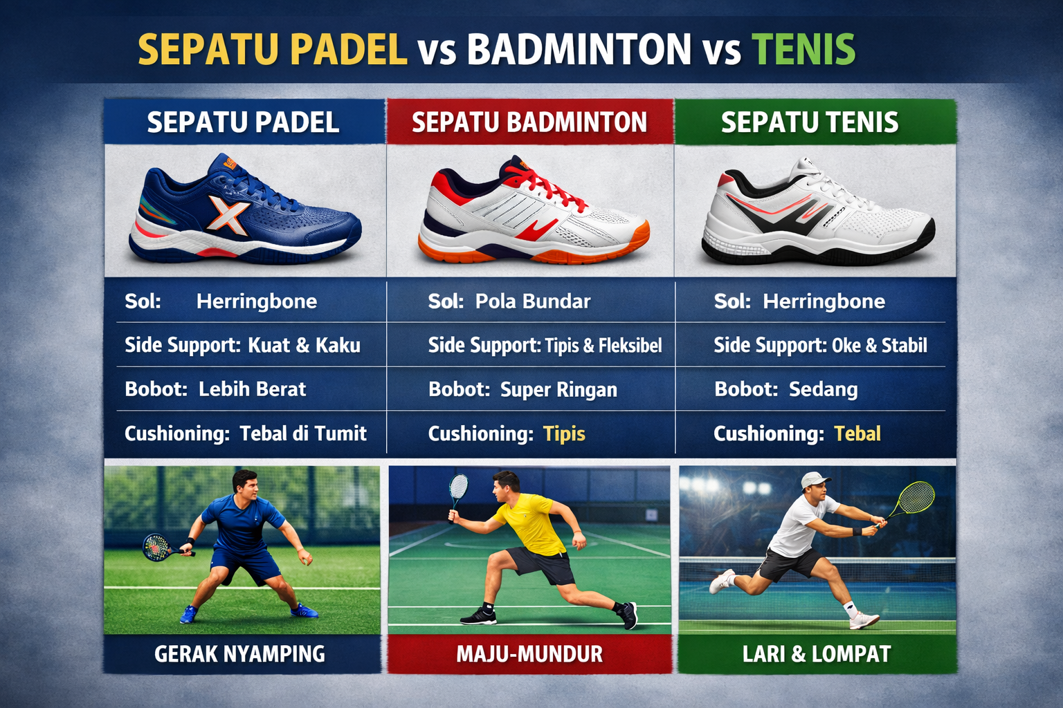 Sepatu Padel vs Badminton vs Tenis
