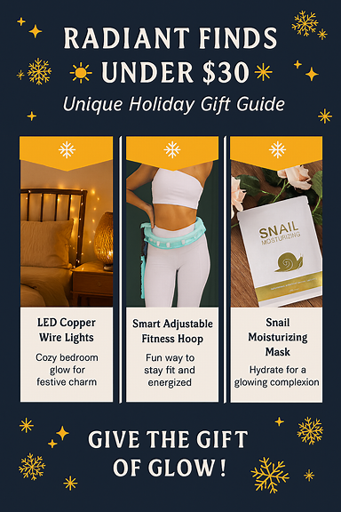 Infographic titled 'Gifts That Glow: Unique Holiday Finds Under $30'. Festive design with gold and pastel accents. Four sections: 1) LED Copper Wire Lights - cozy home decor under $30, 2) Smart Adjustable Fitness Hoop - fun fitness gift under $30, 3) Snail Moisturizing & Whitening Mask - radiant skin self-care under $30, 4) Bonus Splurge: Touch Screen LED Photon Mask - luxury skincare $68. Include icons: string lights, fitness hoop, skincare mask, LED face mask. Layout: vertical infographic with clear headings, product icons, short descriptions, price tags.