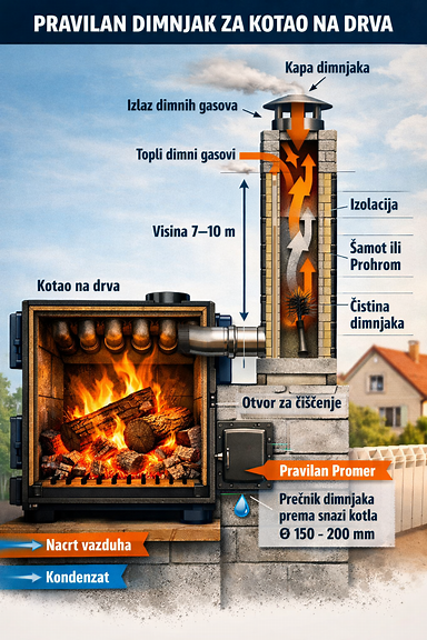 Grafički prikaz pravilnog dimnjaka za kotao na drva