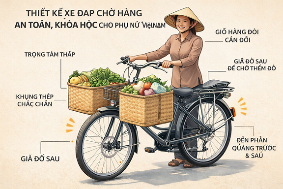 Thiết kế xe đạp chở hàng an toàn, khoa học cho phụ nữ Việt Nam: khung thép chắc chắn, trọng tâm thấp, hai giỏ hàng lớn cân đối hai bên, có giá đỡ sau, phanh đĩa an toàn, đèn phản quang, phong cách minh họa kỹ thuật rõ ràng, đẹp mắt, kèm chú thích tiếng Việt dễ đọc.