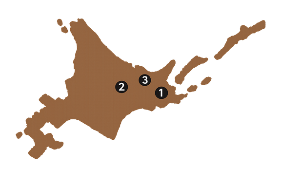 茶色の北海道地図に番号①②③のみを配置したシンプルなイラスト