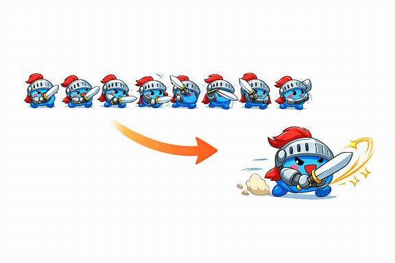 Spritesheet 8 khung slime hiệp sĩ cầm kiếm chém, có mũi tên chỉ ra slime đang chém hoàn chỉnh