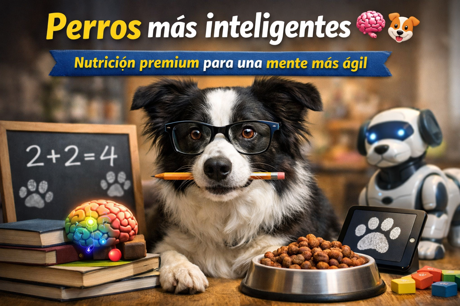 Border Collie inteligente con gafas y juguetes educativos