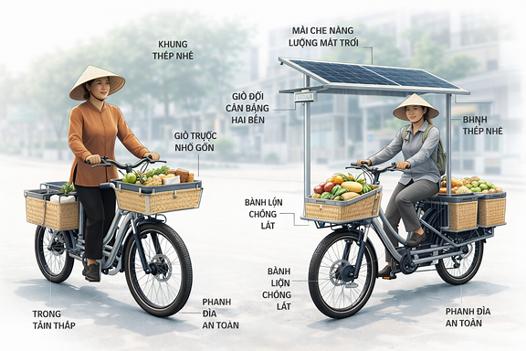 Thiết kế cách mạng cho phương tiện chở hàng của phụ nữ Việt Nam: xe đẩy và xe đạp cải tiến với khung thép nhẹ, giỏ đôi cân bằng hai bên, giỏ trước nhỏ gọn, mái che năng lượng mặt trời, bánh lớn chống lật, phanh đĩa an toàn, phong cách minh họa kỹ thuật hiện đại và hợp lý.