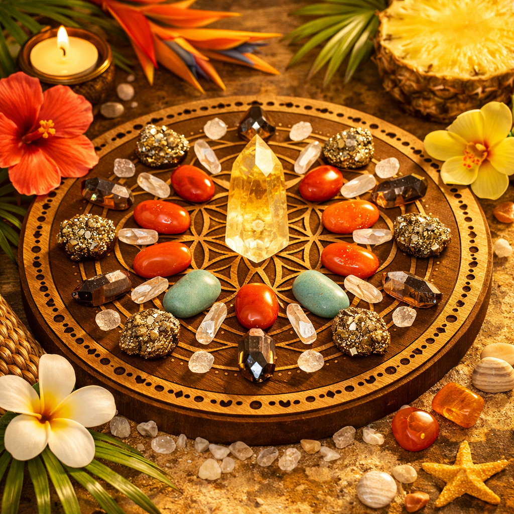 Grille de cristaux Vitalité Solaire avec citrine, cornaline, pyrite et quartz fumé dans ambiance tropicale dorée