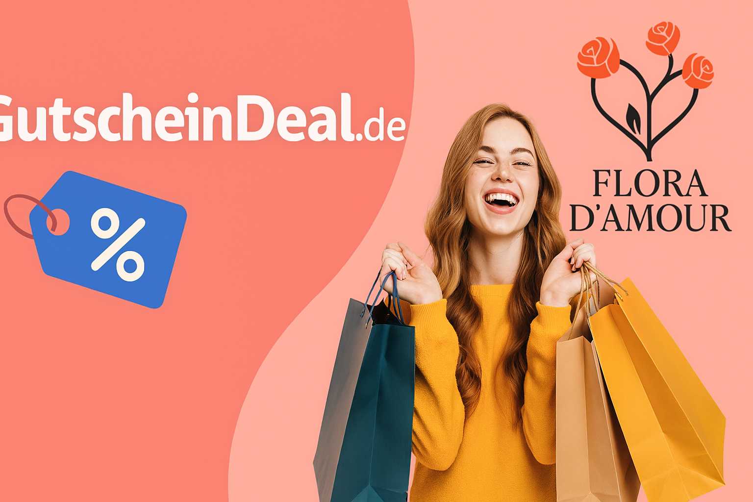 Banner mit Flora D'Amour und GutscheinDeal.de Logos – Fröhliches Einkaufen mit Rabatt