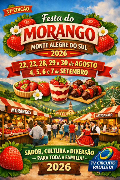 Cartaz Festa do Morango Monte Alegre do Sul com logo TV Circuito Paulista