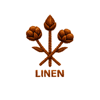 Вишита квадратна іконка LINEN у теплому темно‑коричневому кольорі нитки; той самий контур трьох стебел; ручний стібок із легким тінюванням; підпис LINEN вишитим стібком під символом; прозорий фон
