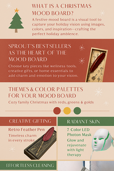 Infographic showcasing 'Crafting a Christmas Mood Board with Sprout’s Bestsellers'. Sections: Introduction with festive icons, What is a Christmas Mood Board (definition with visuals of palettes and textures), Sprout’s Bestsellers (images/icons of sunglasses, feather pen, LED photon mask, mini mop), Step-by-Step Guide (numbered steps with icons: theme, palette, textures, products, quotes), Mood Board Themes (three panels: Wellness Glow, Creative Gifting, Home & Family), Sharing Online (Pinterest, Instagram, Facebook icons), Conclusion with call-to-action. Style: festive, modern, Pinterest-friendly vertical layout, red-green-gold palette.
