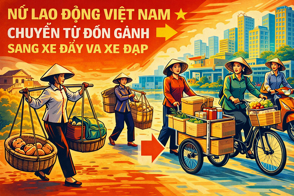 Hình minh họa cách mạng lao động của phụ nữ Việt Nam, chuyển từ gánh hàng truyền thống sang xe đẩy và xe đạp hiện đại, phong cách tranh cổ động đầy màu sắc