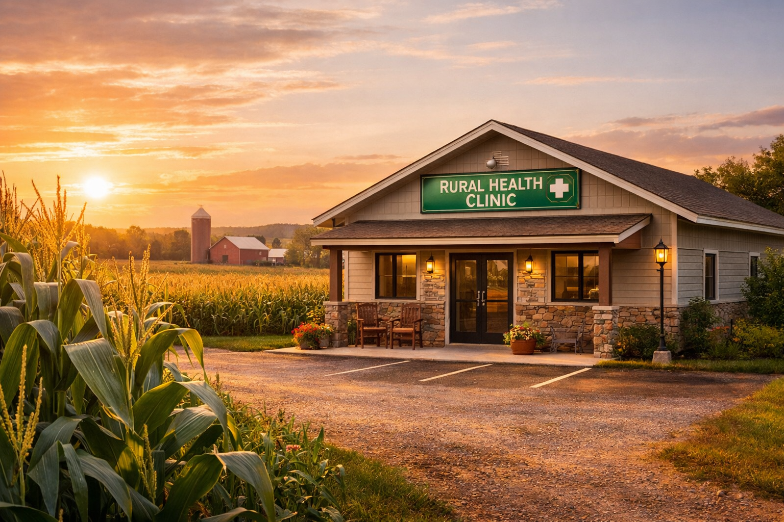 Rural clinic with cornfield
