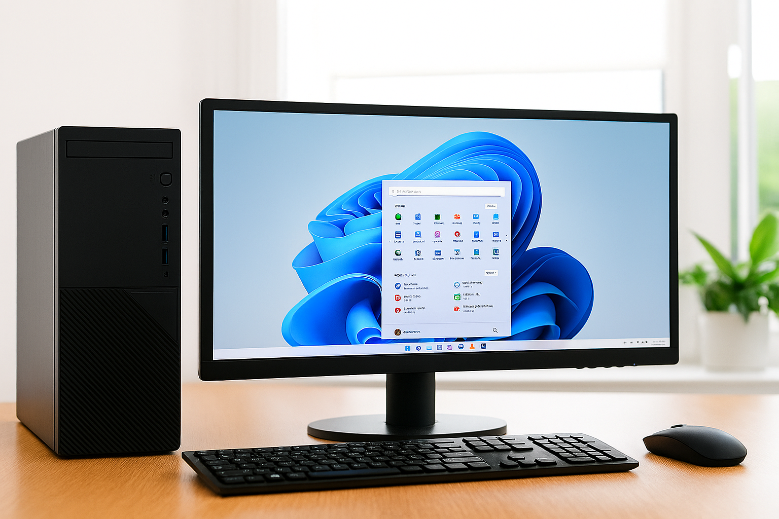 Realistická kancelářská scéna s repasovaným počítačem a monitorem na dřevěném stole, Windows 11 na obrazovce, bez textu, bez bílého prostoru, obraz přes celé plátno