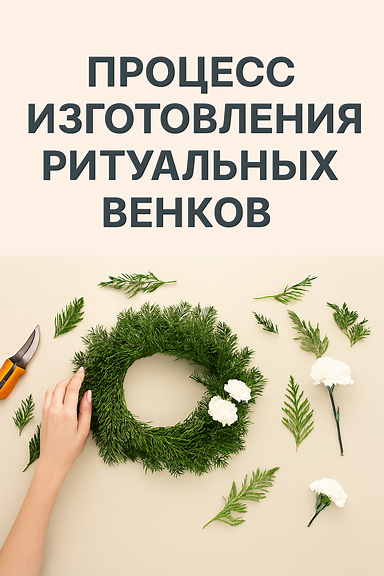 Процесс изготовления ритуальных венков: мастер в мастерской вручную собирает венок из живых и искусственных цветов, добавляет ленты и декоративные элементы, аккуратно формирует композицию.