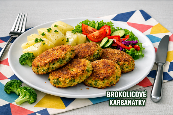 Brokolicové karbanátky s nápisem BROKOLICOVÉ KARBANÁTKY vpravo dole