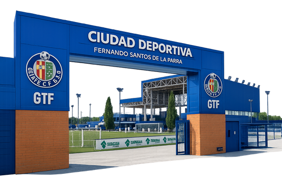Recreación 3D de la Ciudad Deportiva Fernando Santos de la Parra, estilo arquitectónico realista, sin fondo, estructuras azules, entrada principal y campos de entrenamiento