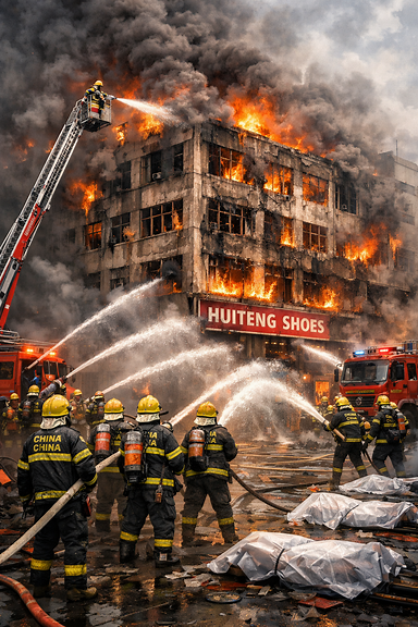 Nearly 200 firefighters tackle shoe factory fire in China's east which has killed at least 28
