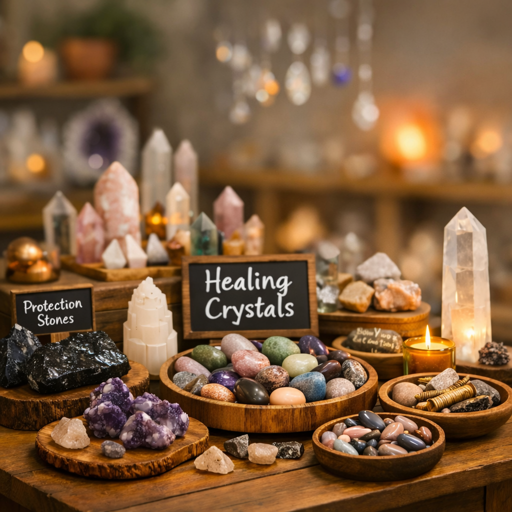 softly blurred background for crystal shop table photo