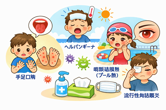 夏季ウイルス感染症のやさしい医療イラスト
