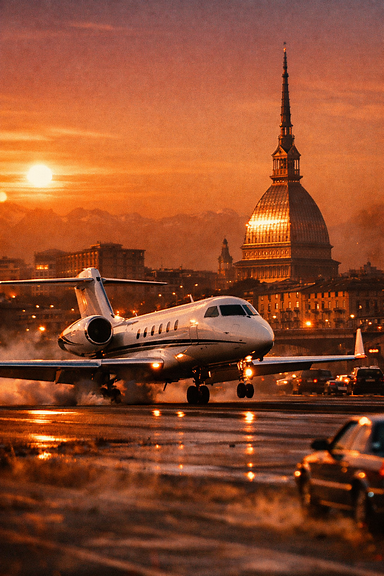 Jet privato atterra su Nevrotic Town in stile Tony Scott, fotorealistico anni '80